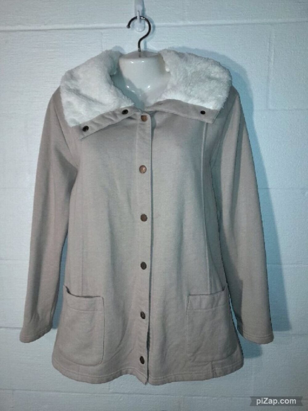 Merona Beige Lightweight Fleece Snap-Front Jacket Faux-Fur Collar Women's XXL